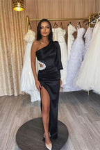 Charming Black Evening Dress with Long Sleeves, Hollowing Out, and Pleated Slit BM bride