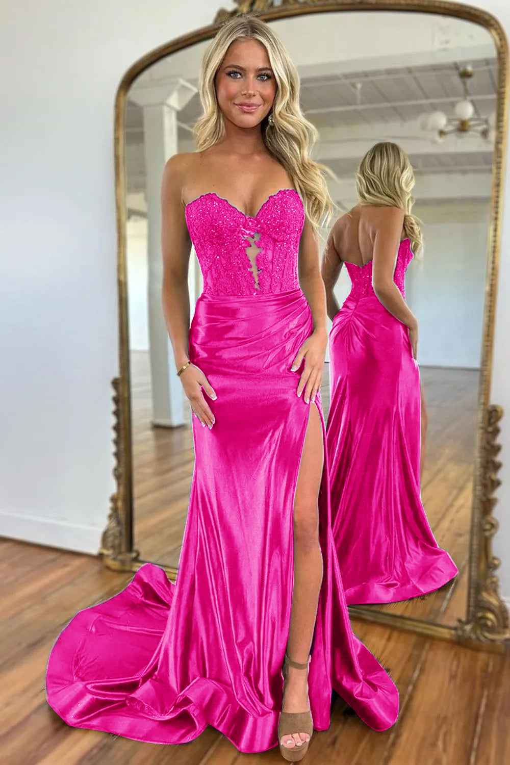 Navy Mermaid Sweetheart Long Corset Prom Dress with Slit