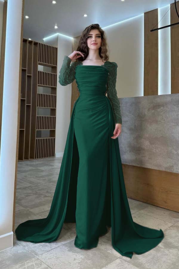 Long Sleeves Square Neck Long Mermaid Prom Dress With Pleated BMBRIDE