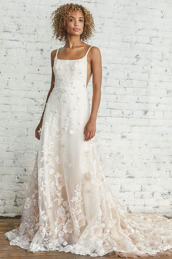 Gorgeous Sleeveless Spaghetti Strap Lace Appliques Wedding Dress (Online) BM bride