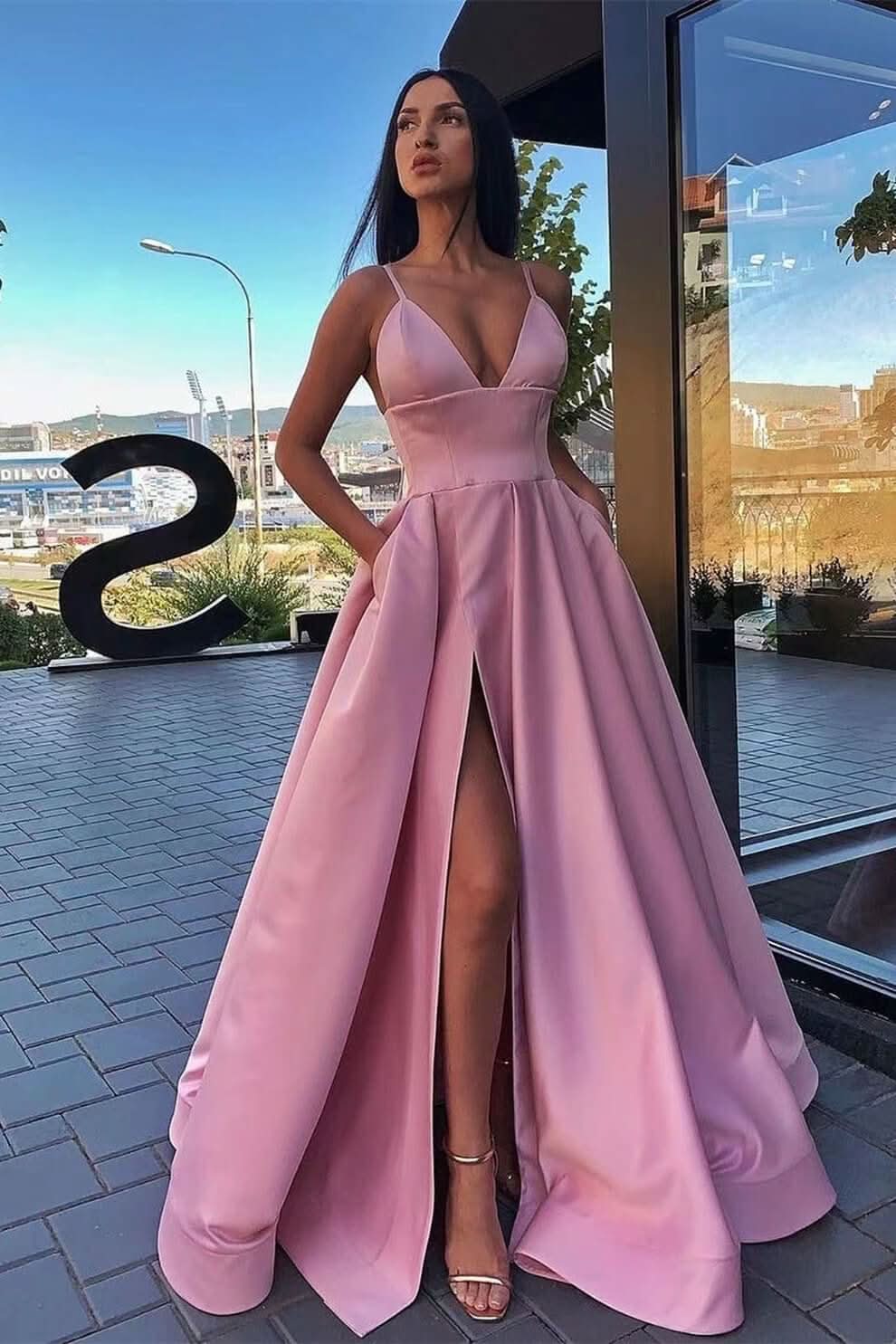 Elegant Spaghetti-Straps A-Line Evening Dress with Split and Pockets BM bride
