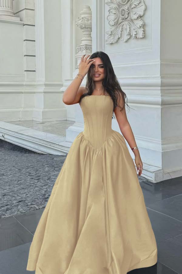 Chic Sleeveless Strapless Long A Line Prom Dress With Pleated BMBRIDE