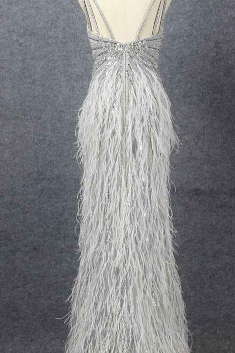 Hidaiss Luxury Sliver Mermaid Spaghetti Strap Prom Dress Split Sleeveless Feathers Beading
