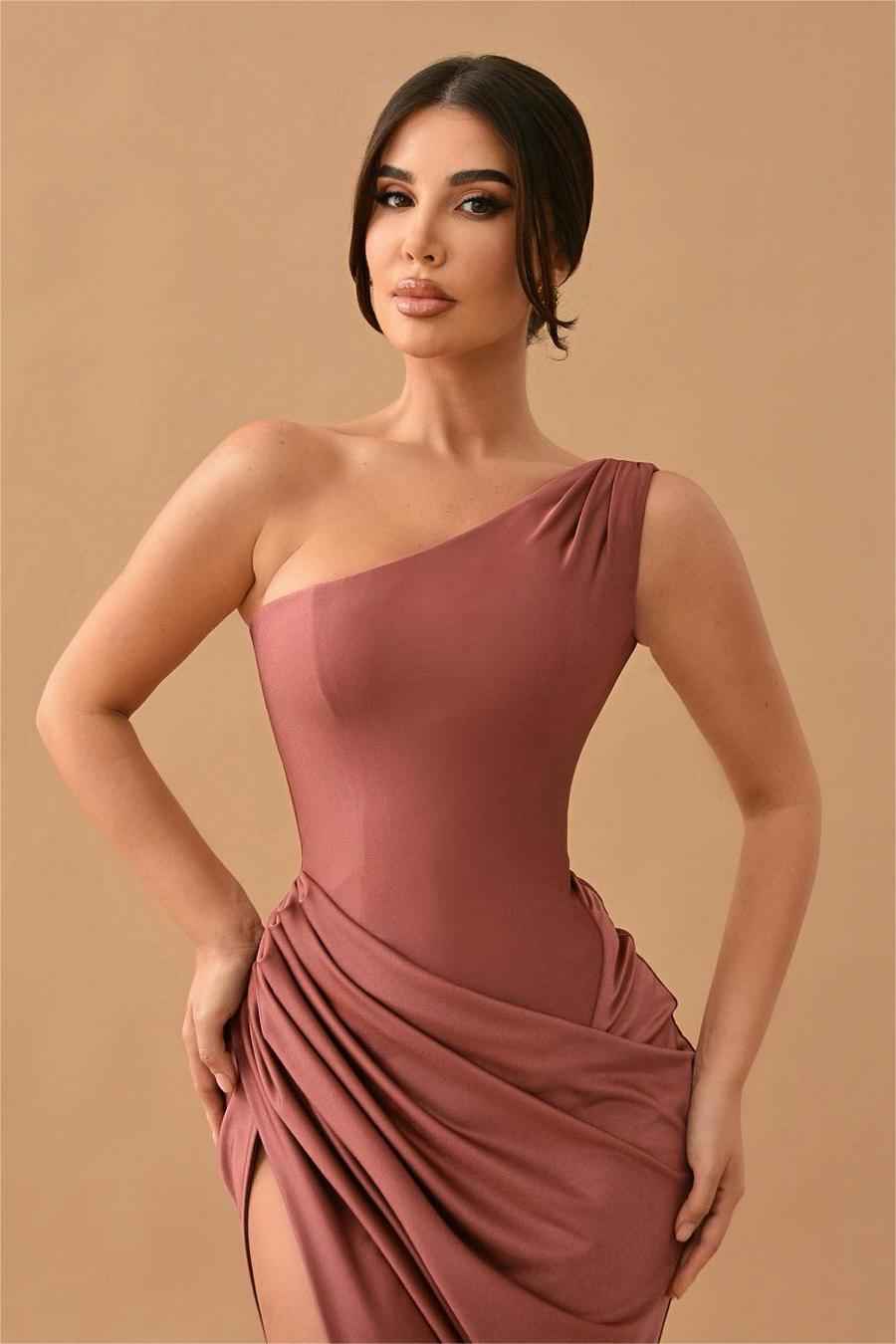 Simple Stain One Shoulder Sleeveless Pleated Long Mermaid Prom Dress With Split