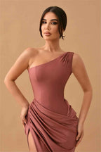 Simple Stain One Shoulder Sleeveless Pleated Long Mermaid Prom Dress With Split