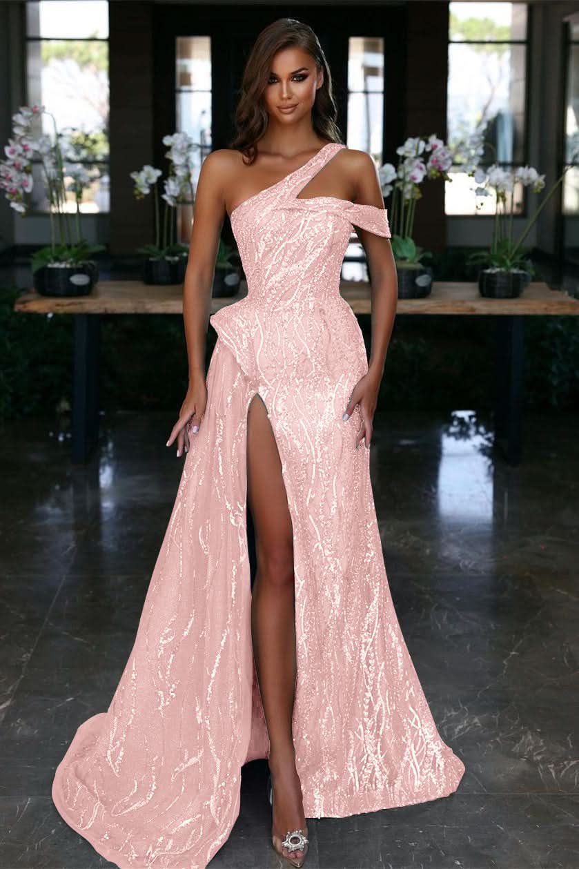 Blue One-Shoulder Evening Dress with Sequin Slit BM bride