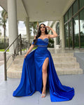 Shining Royal Blue One Shoulder Sleeveless Long Split Prom Dress With Beading