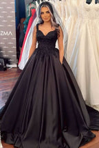 Black Sweetheart Wide Strap Ball Gown Floor-Length Wedding Dress with Ruffles and Satin BM bride