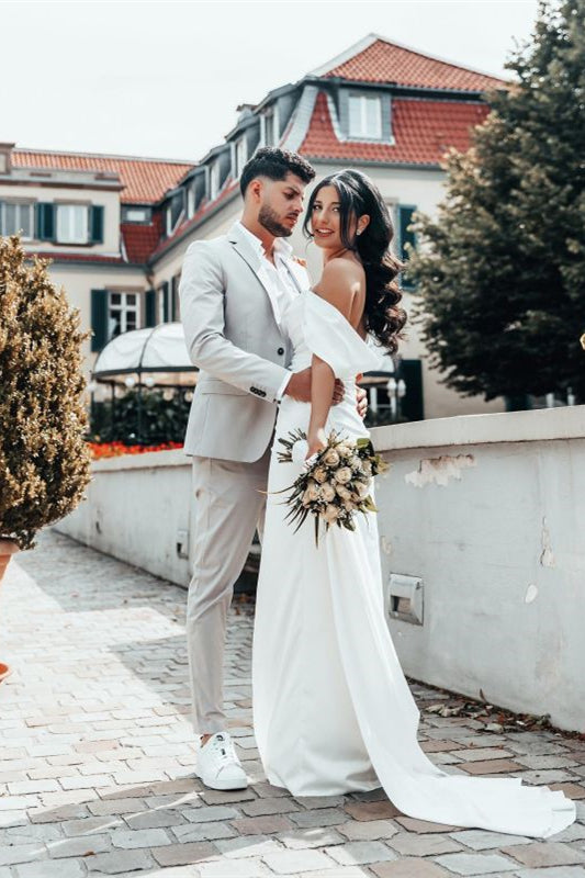 Off-the-Shoulder Charmeuse Wedding Dress with Split BM bride