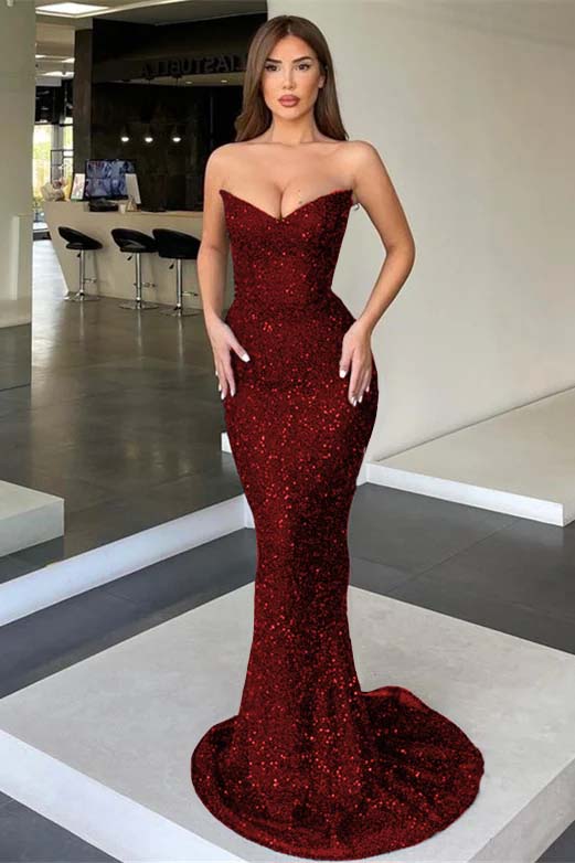 Black Strapless Sleeveless Long Mermaid Prom Dress With Sequins BMBRIDE