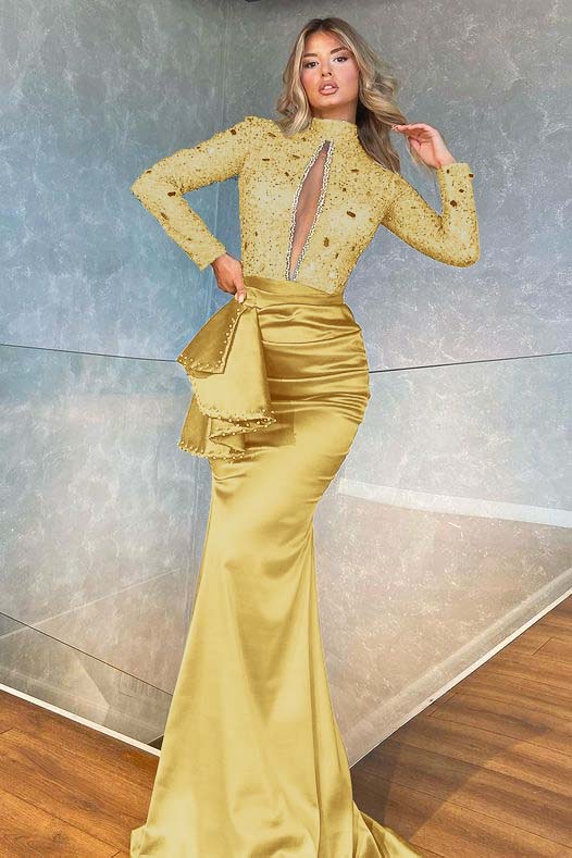 High Collar Long Sleeves Mermaid Pleated Sequins Prom Dress With Beadings BMBRIDE