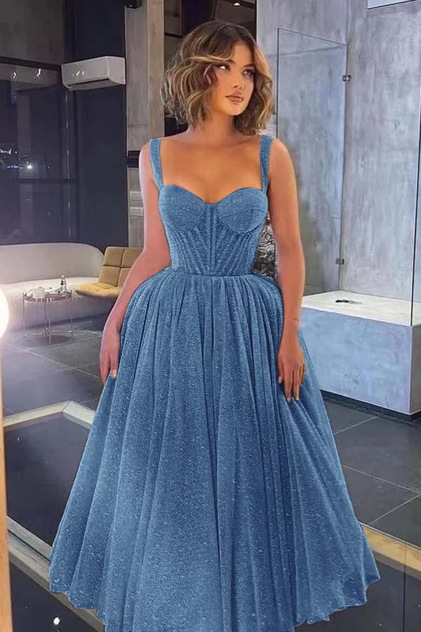 Gorgeous Spaghetti Strap Sweetheart Sequins Prom Dress With Tulle BMBRIDE