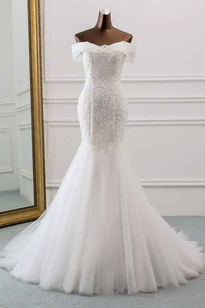 Off-the-Shoulder Long Mermaid Wedding Dress with Tulle Lace BM bride