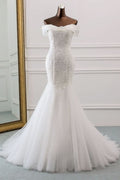 Off-the-Shoulder Long Mermaid Wedding Dress with Tulle and Lace BM bride