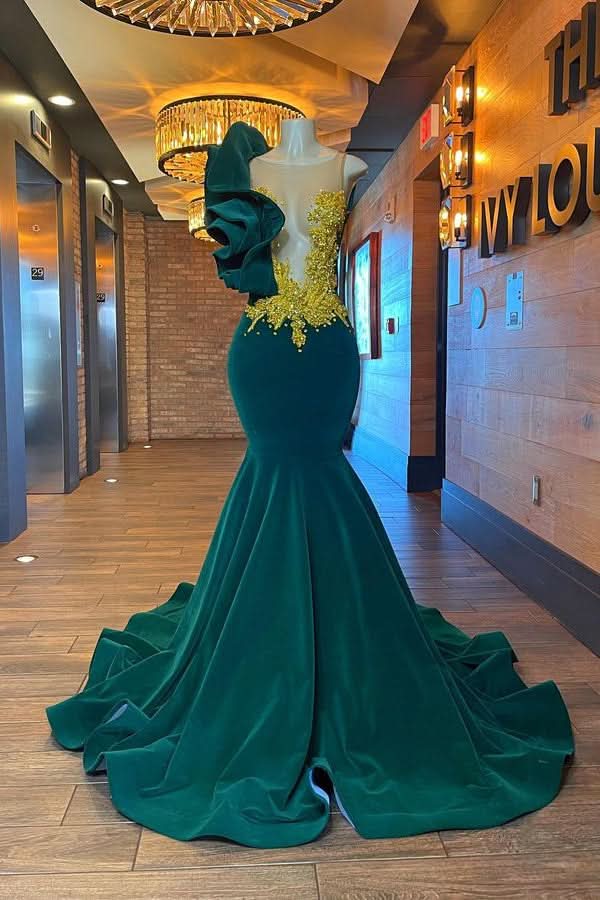 Dark Green One Shoulder Evening Dress with Sleeveless Appliques BM bride