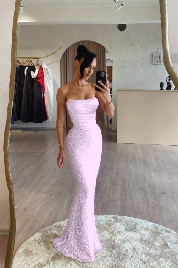 Strapless Sleeveless Long Mermaid Prom Dress With Sequin Pleated