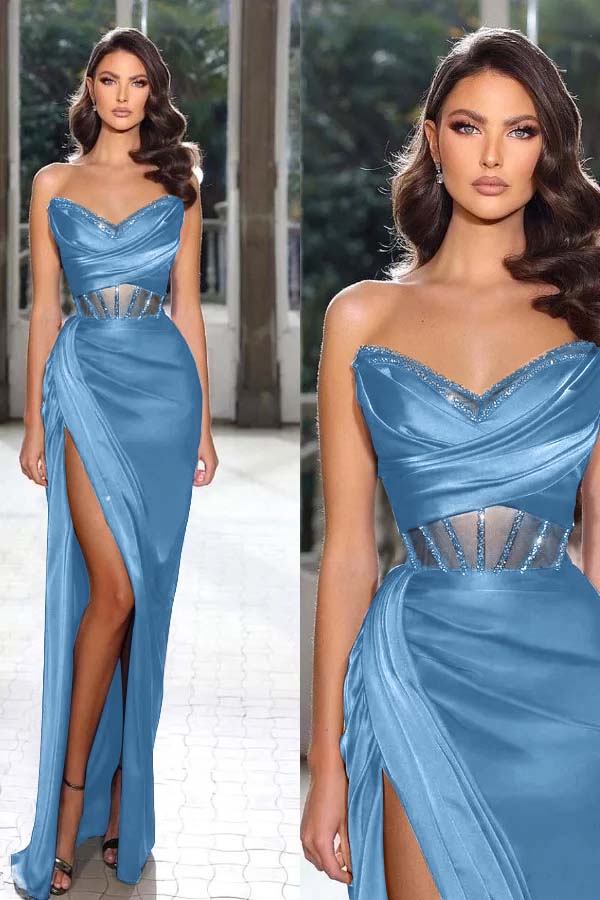 Strapless Sleeveless Long Mermaid Prom Dress With Split Pleated BMBRIDE