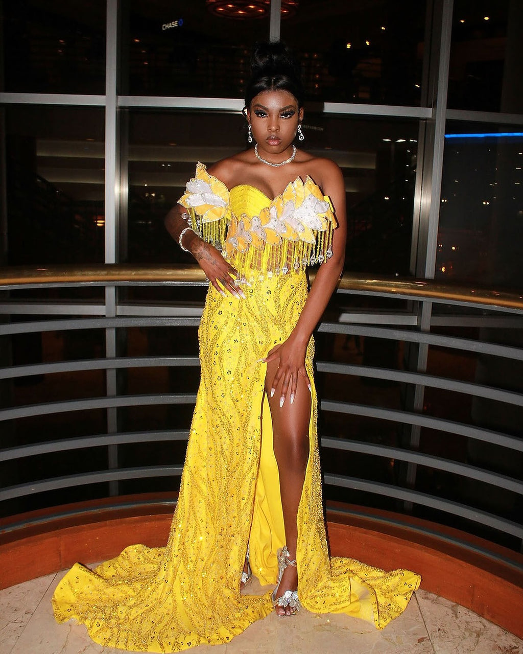 The Golden Sunflower - 2026 Off-Shoulder Lace Mermaid Gown: White Floral Appliqués with Crystal Fringe & Yellow Lace Train