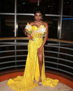 The Golden Sunflower - 2026 Off-Shoulder Lace Mermaid Gown: White Floral Appliqués with Crystal Fringe & Yellow Lace Train