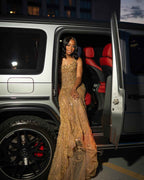 Champagne Elegance - Beaded Mermaid Prom Dress with Lace-Up Back