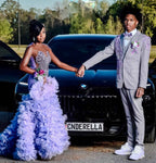 Lavender Dream - Purple Crystal Beaded Sheer Bodice Prom Dress with Ruffle Feather Skirt
