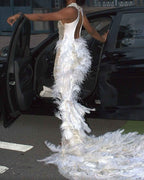 The White Angel - 2026 White Silver Crystal Feather Mermaid Gown: Plunging V-Neckline with Crystal Straps, Open Back & Feather Cathedral Train