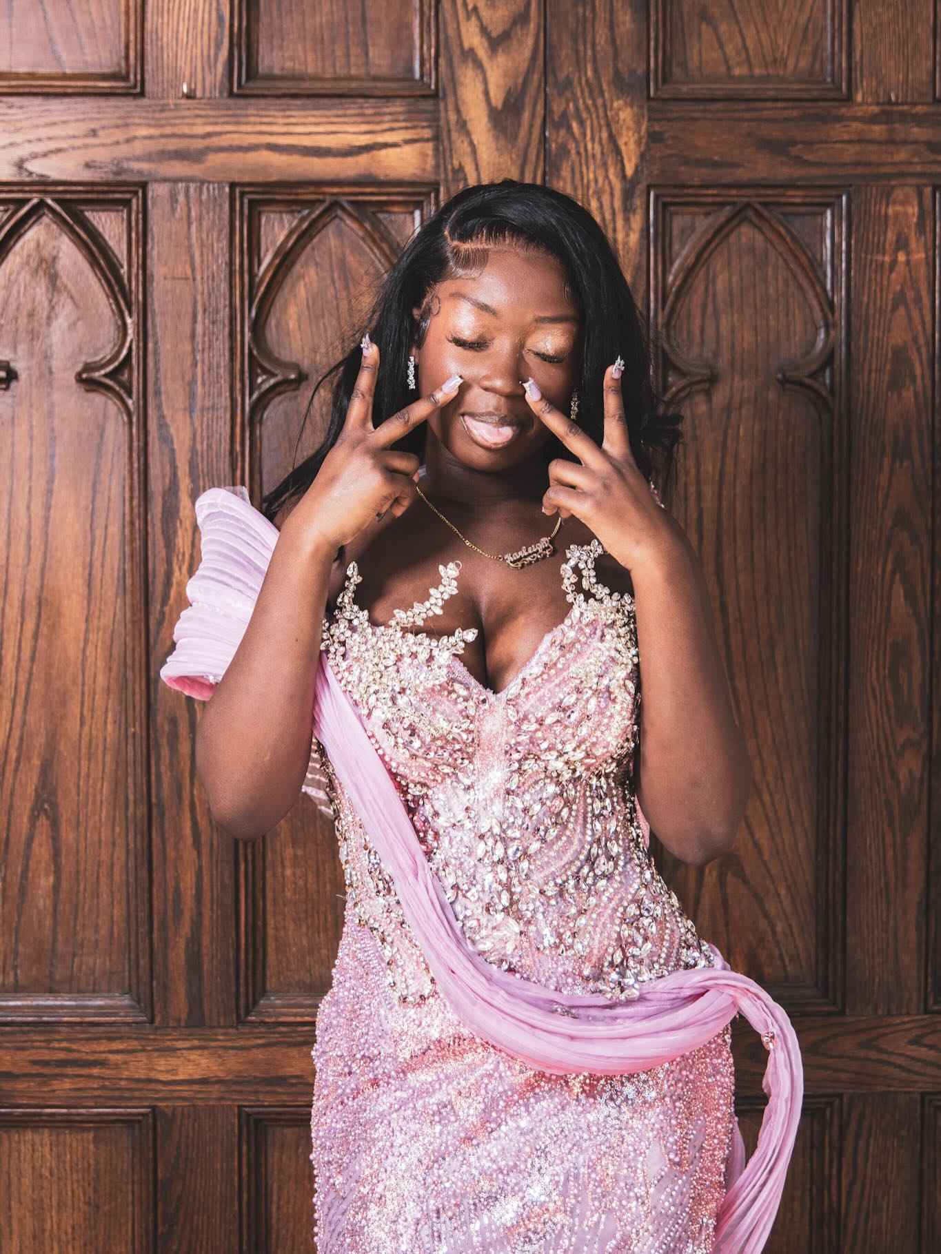 Pink Glow - Sequin Beaded Mermaid Prom Dress with Draped Chiffon Wrap