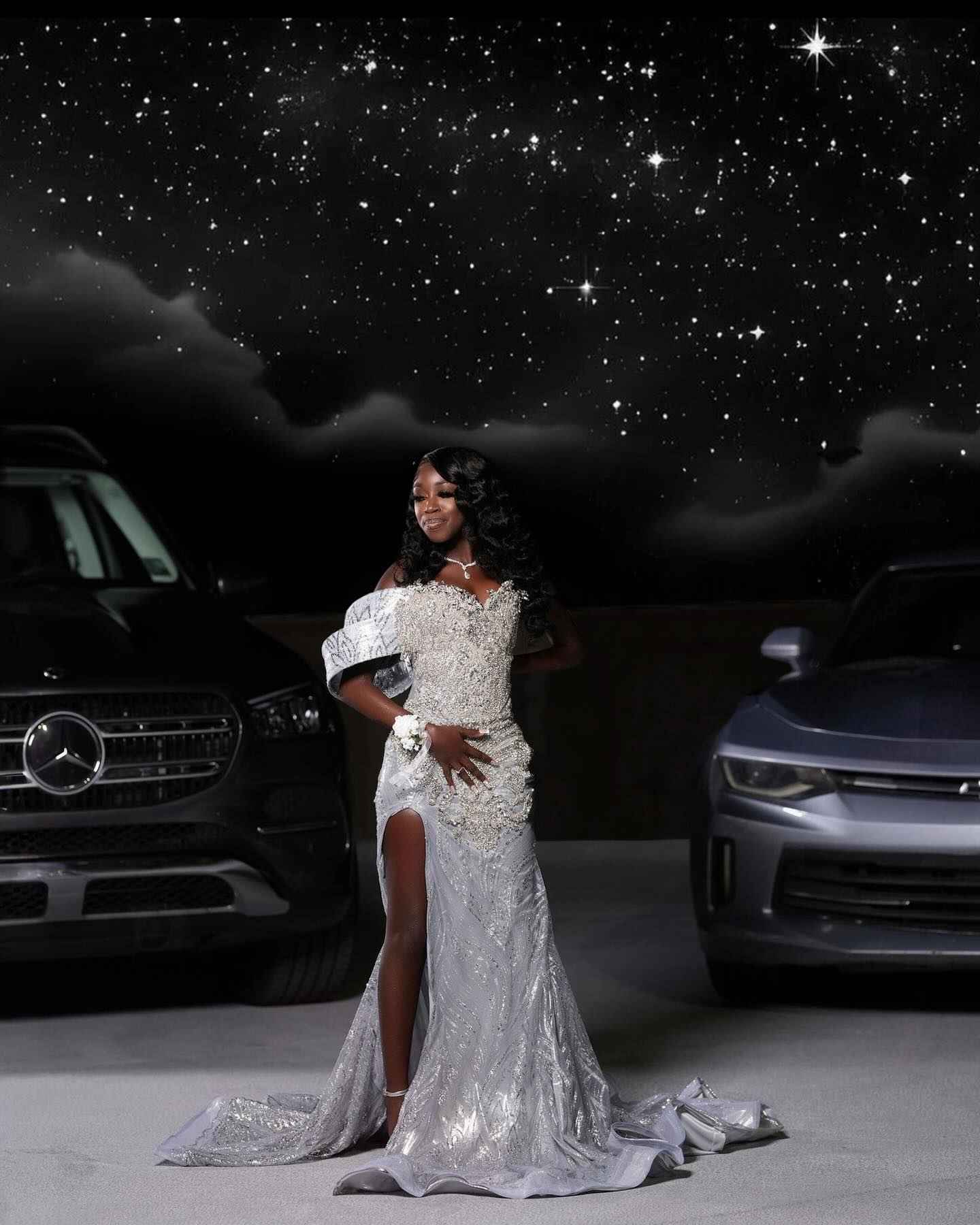 Starlight Dream - Silver Crystal Beaded Off-Shoulder Mermaid Prom Dress with Thigh Slit