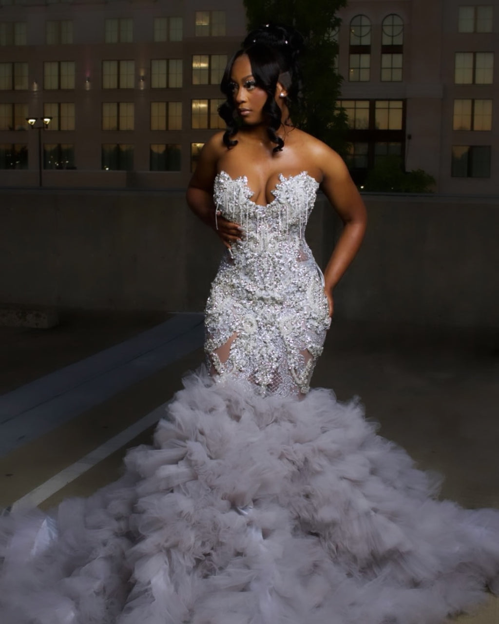 The Silver Cloud - 2026 Crystal Beaded Mermaid Gown: Sweetheart Neckline with Cascading Crystal Fringe & Extravagant White Tulle Cloud Ruffle Train