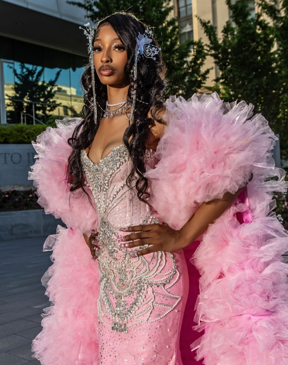 The Pink Princess - 2026 Crystal Beaded Mermaid Gown: Blush Pink with Silver Geometric Crystals & Dramatic Tulle Ruffle Overskirt