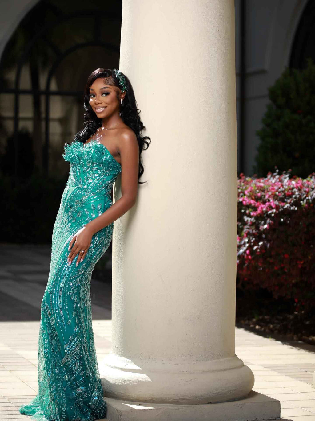 Emerald Dream - Off-Shoulder Sequin Beaded Mermaid Prom Dress with 3D Floral Details