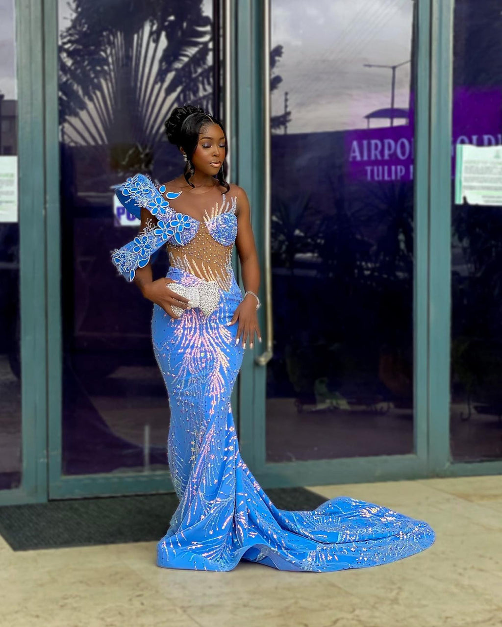 The Blue Butterfly - 2026 Beaded Mermaid Gown: One-Shoulder Blue Lace Appliqué with Sheer Crystal Corset & Geometric Beadwork