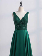 Green A-line V-Neck Floor-Length Satin Lace Prom Dresses With Sequins