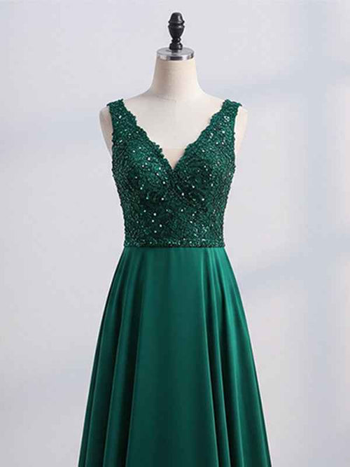 Green A-line V-Neck Floor-Length Satin Lace Prom Dresses With Sequins BMBRIDE
