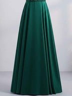 Green A-line V-Neck Floor-Length Satin Lace Prom Dresses With Sequins
