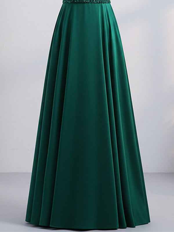 Green A-line V-Neck Floor-Length Satin Lace Prom Dresses With Sequins
