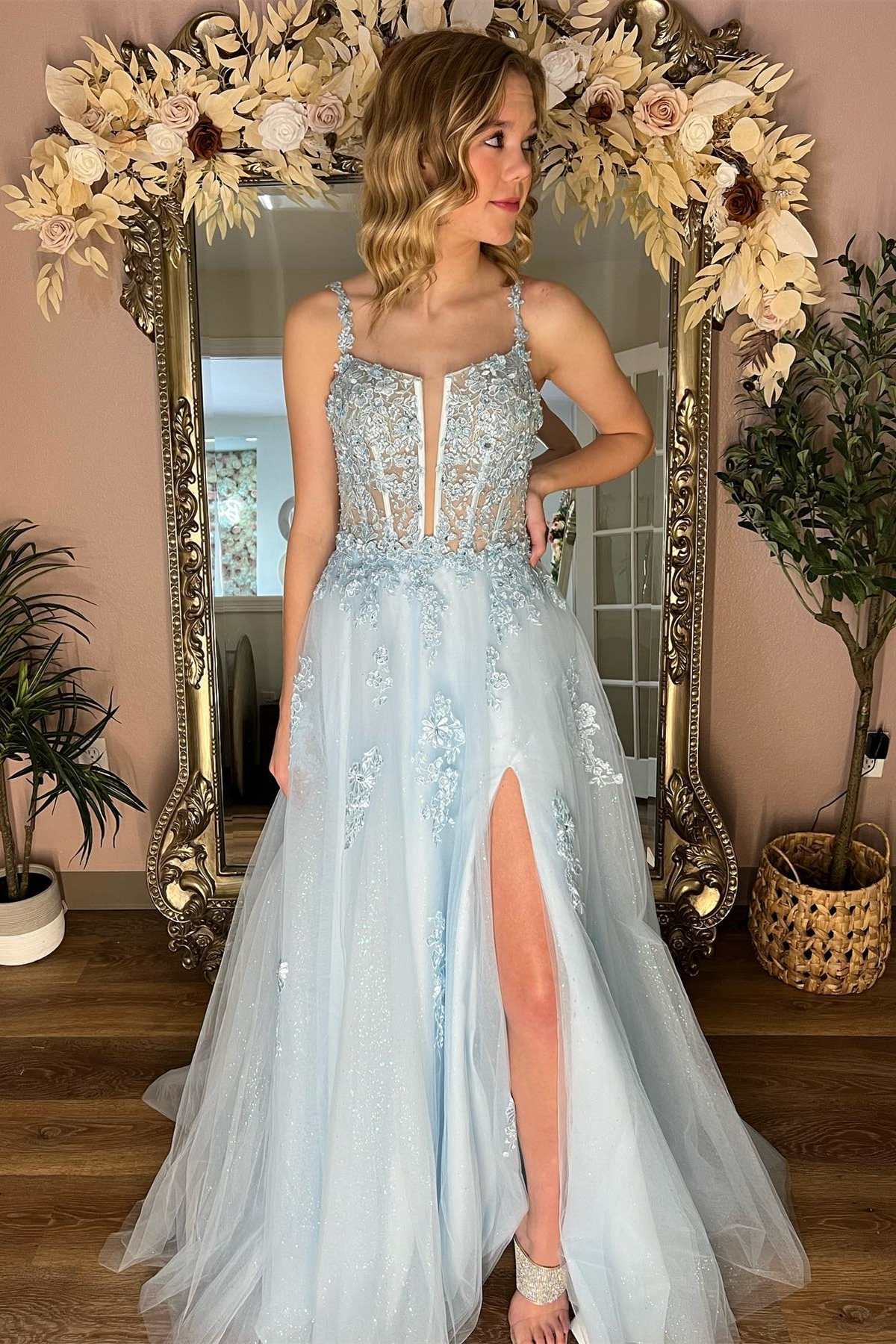 Beautiful Light Blue Floral Lace Split Neck A-Line Prom Dress with Slit BM bride