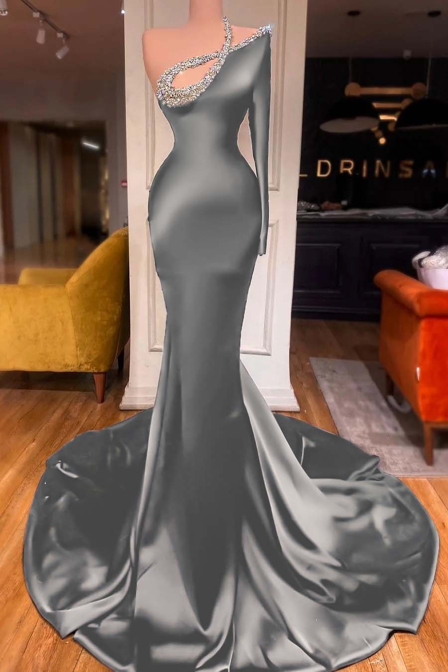 One Shoulder Long Sleeve Mermaid Long Prom Dress With Beading BMBRIDE