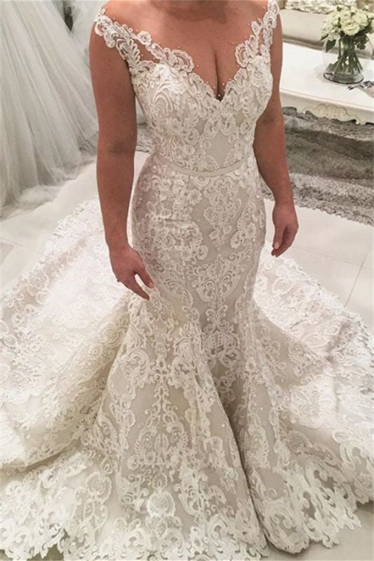 Portrait Sleeveless V-Neck Long Mermaid Wedding Dress with Lace Appliques BM bride