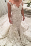 Portrait Sleeveless V-Neck Long Mermaid Wedding Dress with Lace Appliques BM bride
