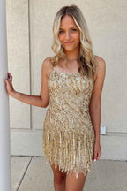 Sparkly Hot Pink Spaghetti Straps Sequins Fringed Tight Short Hoco Dress Bmbride