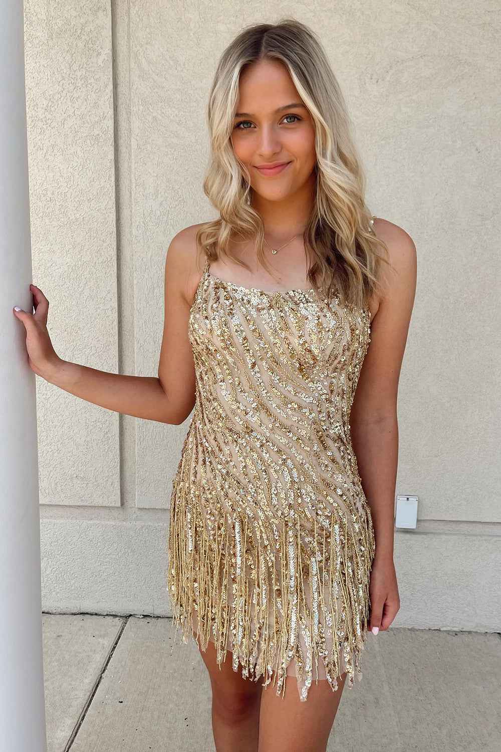 Sparkly Golden Spaghetti Straps Sequins Fringed Tight Short Hoco Dress Bmbride