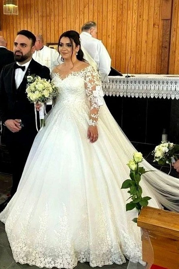 Glamorous A-line Floral Wedding Dress V-Neck Long With Lace BM bride