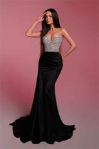 Black Strapless Sleeveless Pleated Mermaid Prom Dress With Bead Embroidery