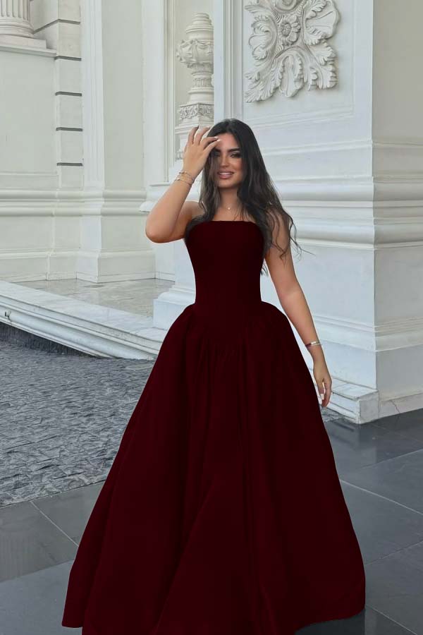 Chic Sleeveless Strapless Long A Line Prom Dress With Pleated BMBRIDE