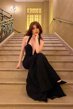 Black Sleeveless Halter Mermaid Long Prom Dress With Pleated