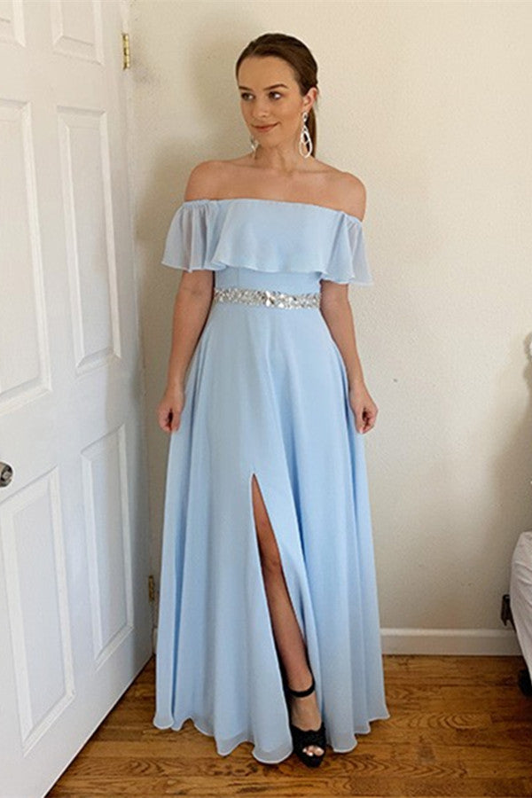 Off-the-Shoulder Sky Blue Prom Dress with Split BM bride