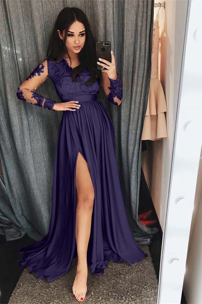 Charming Long Sleeves Front Split High Waist Prom Dress With Lace Appliques BMBRIDE