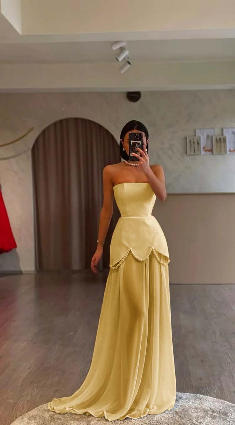White Strapless Sleeveless Long Prom Dress With Pleated Beading BMBRIDE