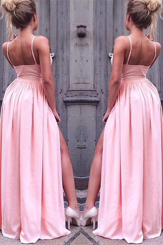 Spaghetti-Straps Pink Prom Dress with Slit BM bride